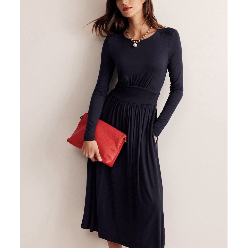NWT Boden Thea‎ Jersey Midi Dress Navy Blue Long Sleeve Pockets Chic Modest XL